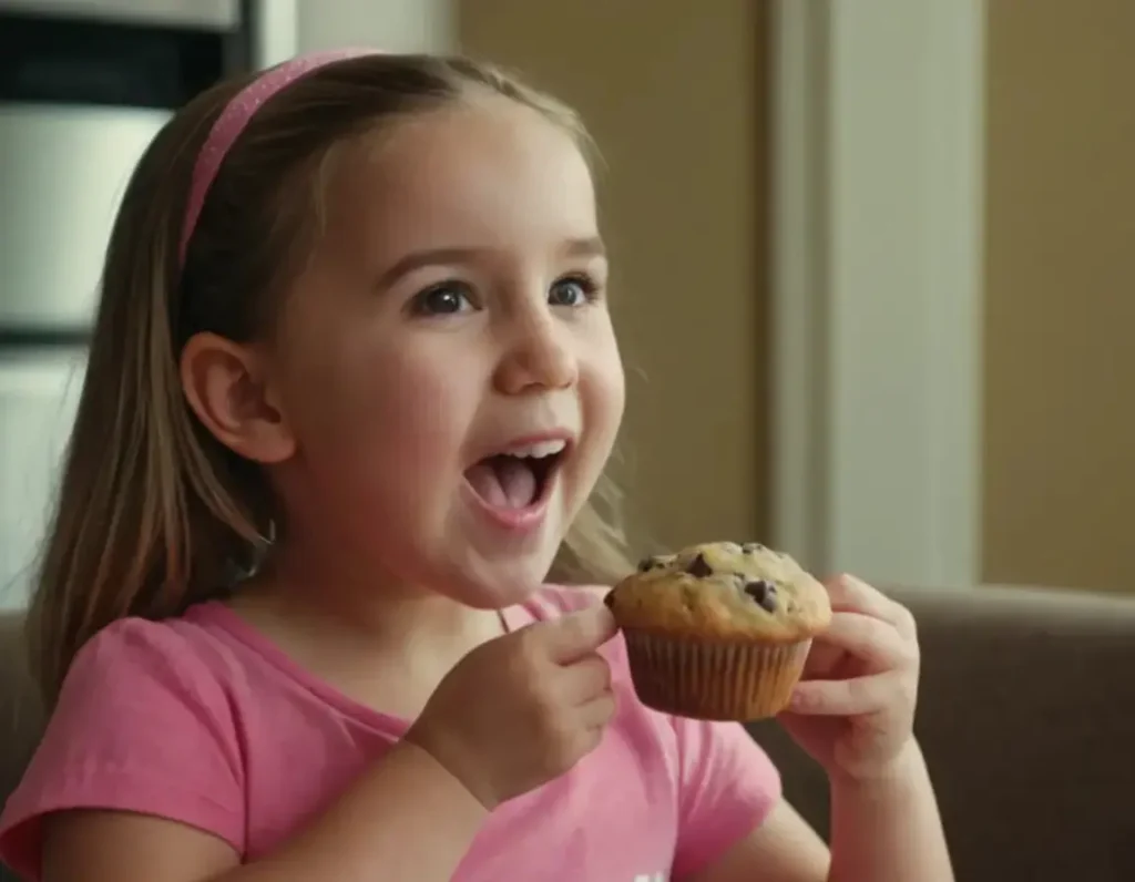 kid eating chocolate chip muffins